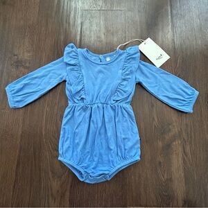 Kyte Long Sleeve Bubble Romper with Ruffles in Light Blue 6-12m